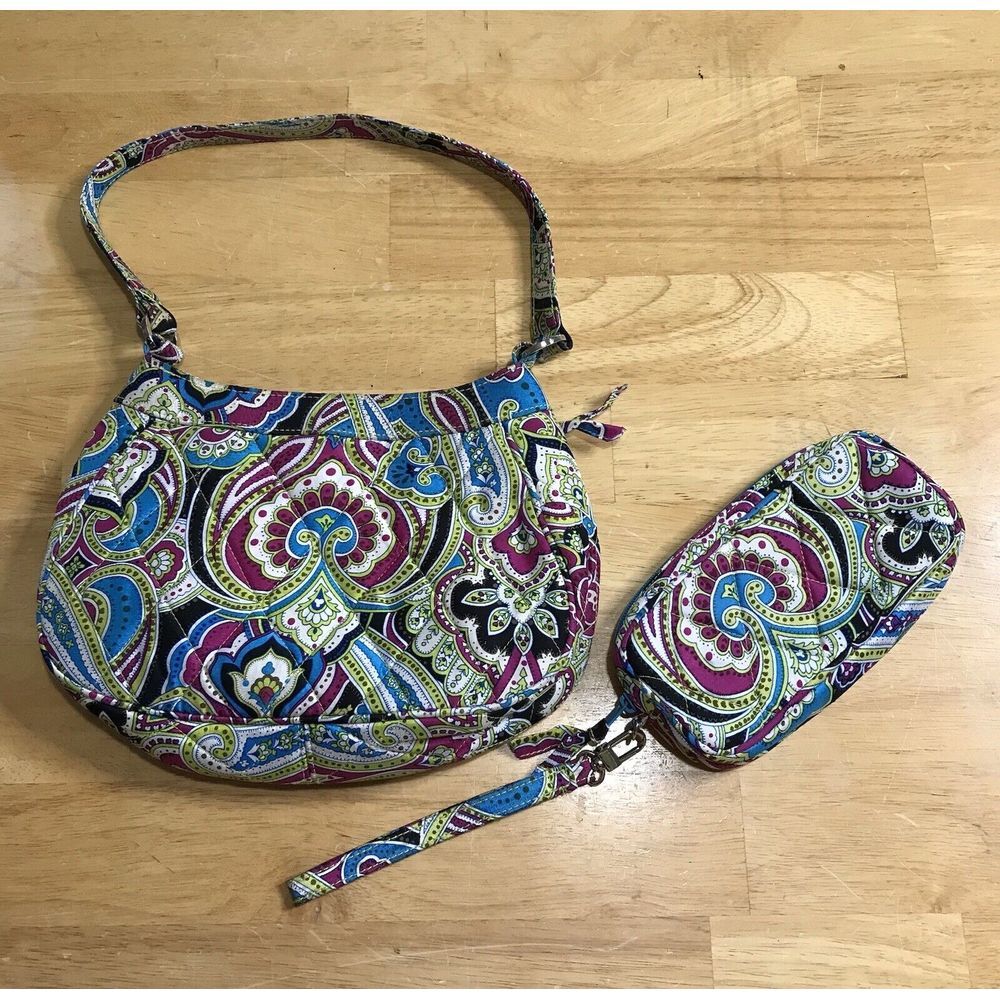 Vera Bradley LOT Zoe Silk Paisley Turquoise Magenta Limited Purse Bag & Wrislet